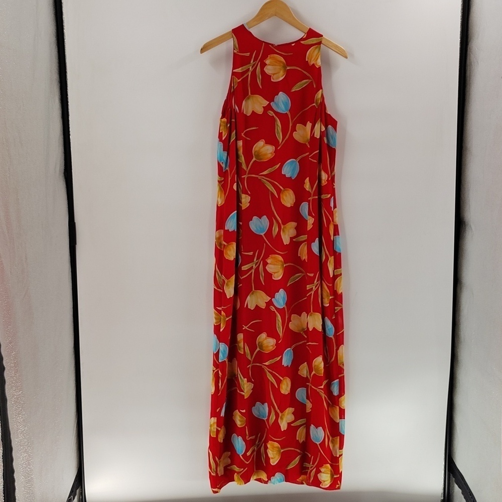 Harold's Floral Red Maxi Dress Size 14 Sleeveless Tulip Print Blue Peach Summer